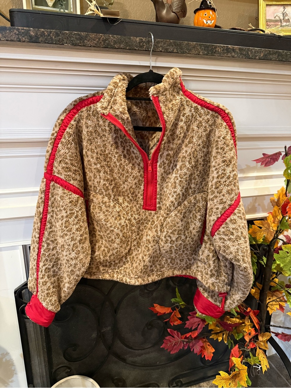 Leopard Sherpa Pullover with Red Trim - Cozy Crew